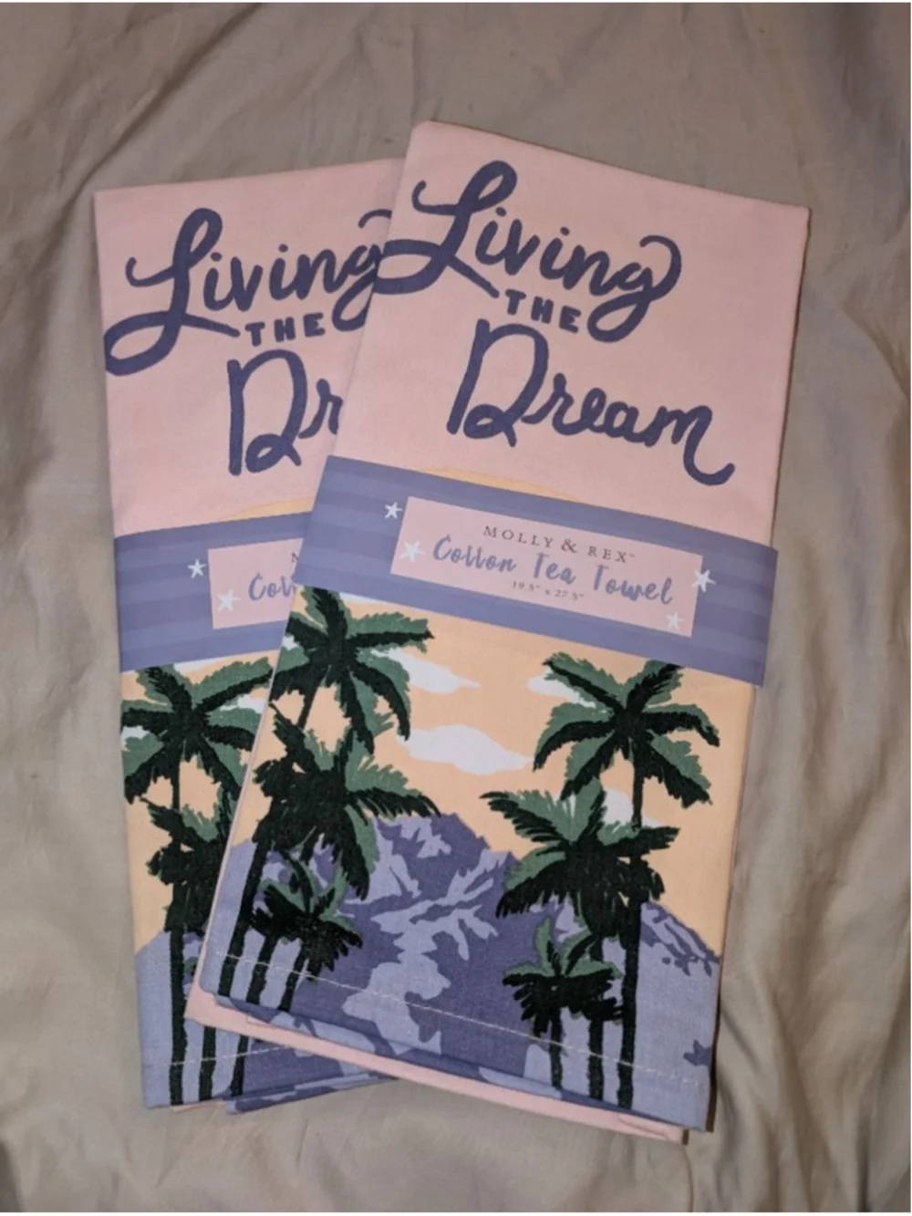 Molly & Rex Pink & Blue Living The Dream Cotton Tea Towel, Set of 2, 19.5x27.5